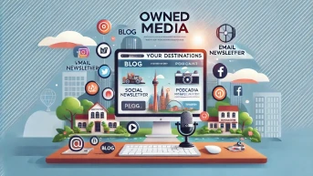 A visually engaging digital illustration representing owned media for destinations. Features a destination website displayed on a large screen.